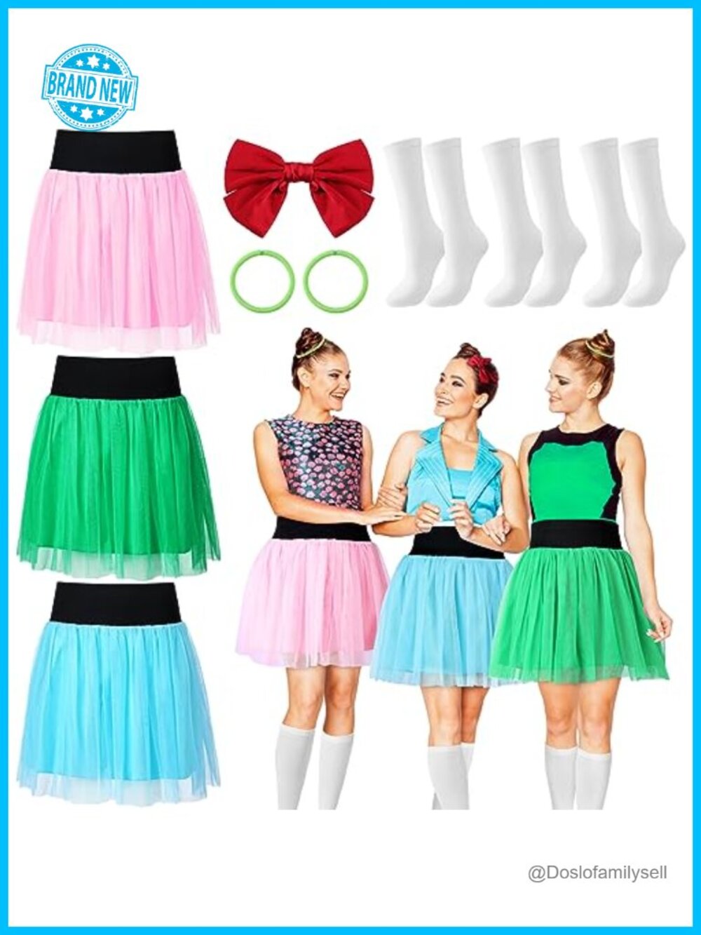 9 Pc Tutu Skirt Set Bow Clip Hair Ties Knee High Socks Halloween Costume